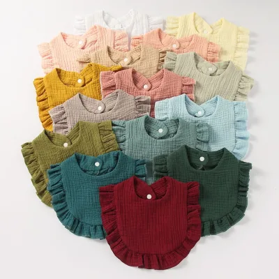 Ins Hot Sale baby girls saliva bibs multiple solid color soft breathable ruffle muslin cotton infant baby bibs