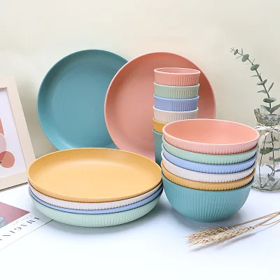 2024 Eco Friendly Wheat Straw Travel Camping Plates Bowl Set Reusable Wheat Straw Tableware Dinnerware Set