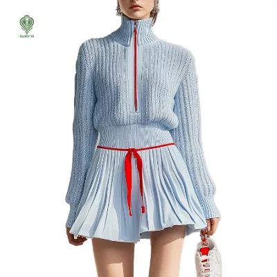 Wholesale Custom Highneck Half Zip Mini Skirts Crop Top For Women 2 Piece Pleated College Sweater Skirt Suit Women'S Sweater Set