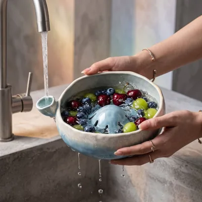 Self Spinning Berry Washing Bowl Ceramic 360° Vortex Swirl Colander Drain Holes Strawberries Blueberries Kitchen Fruit Washer