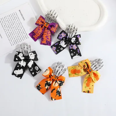 Halloween Hair Accessories,Alloy Hair Clip With Ribbon Bow Pumpkin Spider Skull Halloween Hair Clips