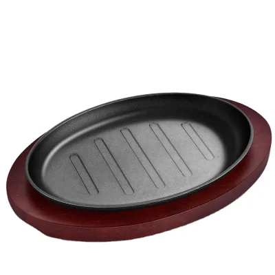 Unique Grilled Cast Iron Frying Pan Skillet Sizzling Plate Fish Shaped Plates With Wooden Base