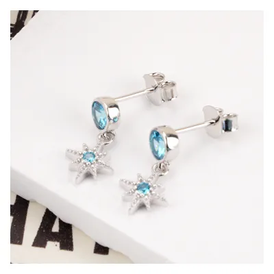 North Star Earrings 925 Sterling Silver Earrings Female Octagon Star Sea Blue Zircon Earrings