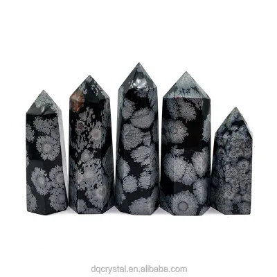 Wholesale Natural Crystal 5-8cm Snowflake Obsidian Obelisk Tower Carved Crystal Snowflake Wand Point for Decoration