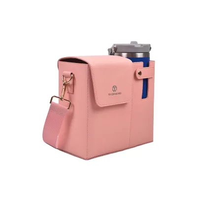 Outdoor Fashion Portable Lightweight Crossbody Water Cup Storage Bag Adjustable Shoulder Strap PU Material Waterproof Durable
