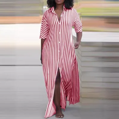 Oversized Striped Shirt Dress for Women | Half Sleeve Button Front Side Split Maxi Dress for Beach & Vacation