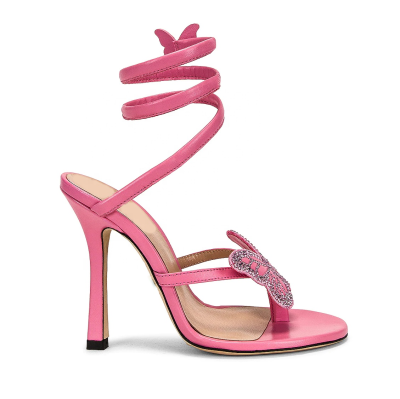 Diamond butterfly Women Heel Sandal Spiral Ankle Strap Round Toe Thin Heel Sandal