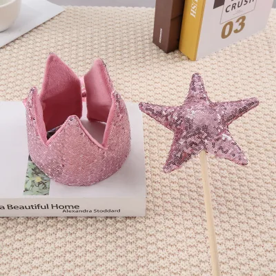 Sequin Tiara Crown Set Princess Star Wands Wooden Fairy Wands Kids Fairy Party Accessories Set Toddler Sequin Wand and Crown