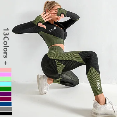 S-XL Women Fitness Yoga Wear Set Sports Seamless Gym Leggings Long Sleeve CropTop Jacket Fitness Sportswear Tracksuit