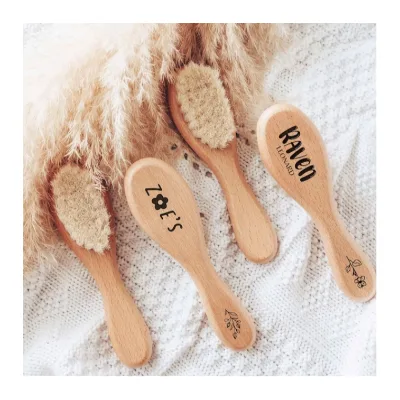 Customized Logo Natural Wooden Baby Soft Bristled Brush Goat Bristle Brush Hair Massage Hairbrush and Comb Set for Newborns