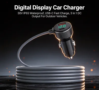 30W USB C Car Charger Digital Display PD QC 3.0 Fast Charging Waterproof 3 in 1 Mini DC Adapter for iPhone Samsung 12V 24V