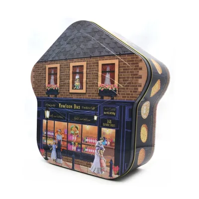 High Quality Custom Design Factory Christmas House Shape Tin Cans Metal Cookie Jar for Food Chocolate Chewing Gum Sugar Snack