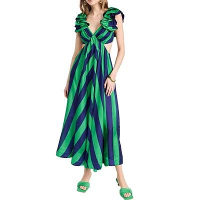 OEM Satin Deep V-neck Skirt with Striped Ruffles and Shoulders Gown