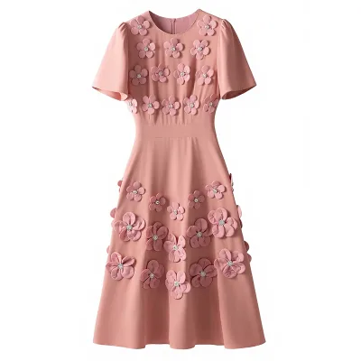 Newest Fashion Dress 2026 Spring Women Appliques Flower Crystal Beading Deco Short Sleeve Slim Fit & Flare Dress Pink Dark Blue