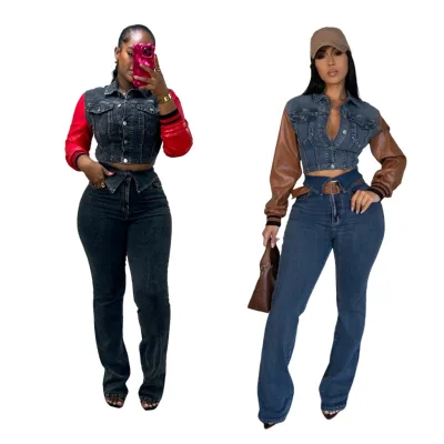 Retro Denim Women 2 Piece Set Outfit Trendy Leather Denim Patchwork Crop Jacket and High Waist Jeans Suits