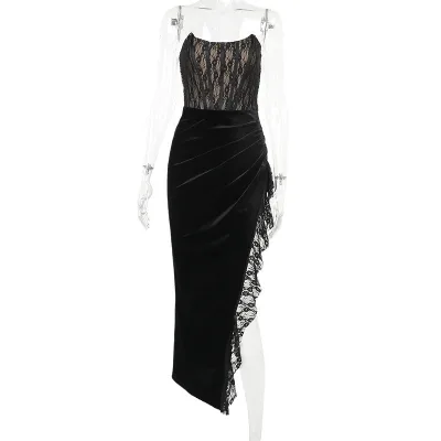 2024 Autumn and Winter New Elegant Off-shoulder Lace Suede Lace Stitching High Slit Corset Dress