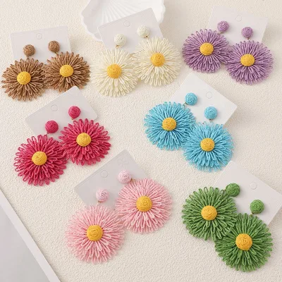 Wholesale Women Multi-layered Sun Flower Earrings Vacation Fashion Handmade Rattan Earrings