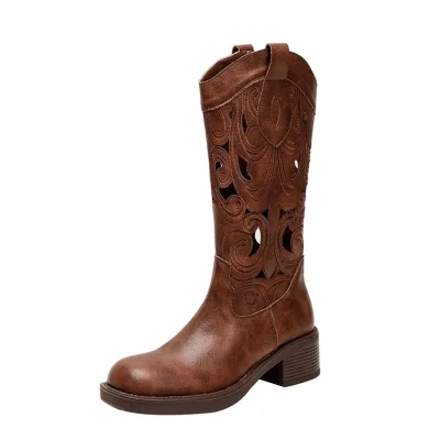 Spring Autumn Summer Breathable Large Size Western Cowboy Boots V-neck Embroidered Hollow Knight Height Increasing Platform for