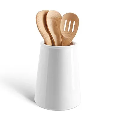 White Ceramic Utensil Holder Crock Jar Caddy for Kitchen
