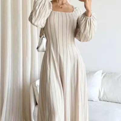 YKD140 Retro Striped Burboo Sleeve Dress High-end Fashion Muslim Islamic Clothing Hijabs Casual Style Daily