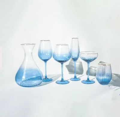Handmade Modern Gold Rim Ribbed Custom Blue Red Wine & Champagne Glass Drinking Class Set