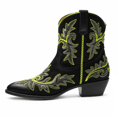 Custom Womens Embroidered Black Cowboy Boot Neon Green Western Ankle Boots Pointed Toe Block Heel Wholesale OEM ODM Factory 2026