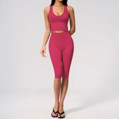 Seamless Women Yoga 2 Piece Outfit V Neck Padded Vest Knee Length Leggings Gym Training Active Suit