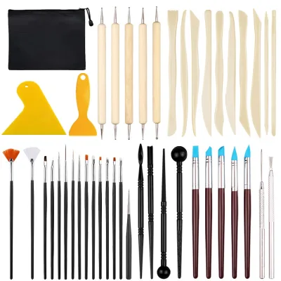 Delaiwen 44pcs Complete Set Clay Carving Tools Plastic Scraper and Acrylic Sponge with Wooden Handle for Pottery Crafts and Arts
