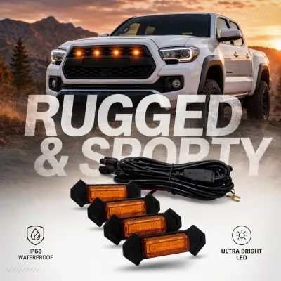 4PCS Amber LED Grille Marker Lights Raptor Style with Wiring Harness for Toyota Tacoma 2016-2023