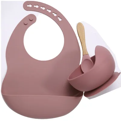 New 2025 Products Silicone Spoon With Wooden Handle Hot Sale Silicone Baby Suction Bowl Food Grade Silicone Bibs