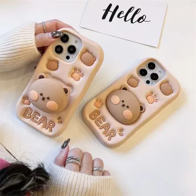 Cute Cartoon 3D Silicone Big Bear with Telescopic Stand Phone case Suitable for IPhone678PLUS 12MINI 16PM