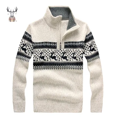 Custom logo Autumn Winter Warm Mens Zipper Shawl Collar Sweater Deer Pattern High Collar Sweater Men