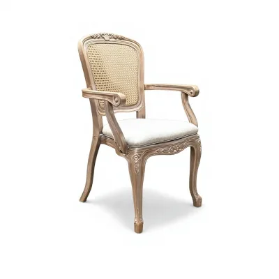 Louis American Style Upholstered Dining Chair Cloth Plastic Frame Natural Wood Color Backrest Armrests for Hotel Banquet Use
