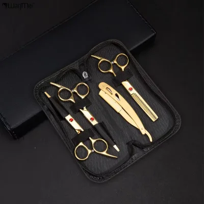 Wanmei Professional Stainless Steel Gold Barber Scissors Set with Shaving Razor for Men and Women Beauty Salon Knife Rest