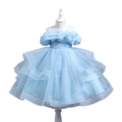 European Casual Formal Dress for Girls Kids Sequin Lace Party Wedding Dresses Flowers Summer Formal Princess Dress for Girls