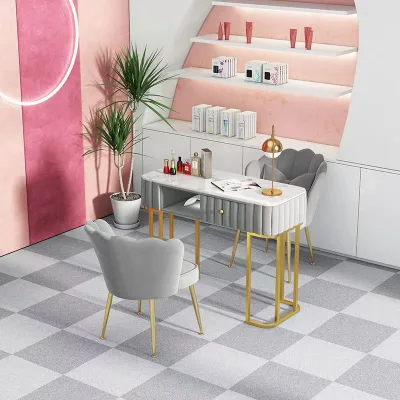 Modern Pink Marble Nail Manicure Metal Table Commercial Beauty Salon Furniture