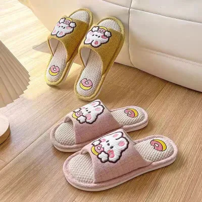 Soft and Comfortable Linen Cute Bear Different Colors Flat Indoor slippers
