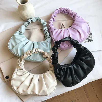 2024 PU Leather Pleated Cloud Bag Wrinkled Handle Armpit Bag Solid Tote Ruched Wild Female Purse Handbags