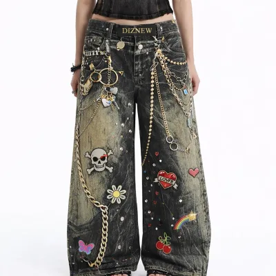 DIZNEW DiZNEW Womens Vintage Acid Wash Wide Leg Denim Jeans with Detachable Chains Graffiti Print Baggy Streetwear Pants Custom