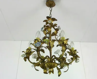 Classic Regency Chandelier 6 Arm Lights Ornate Brass Leafs Porcelain Flowers Lamp