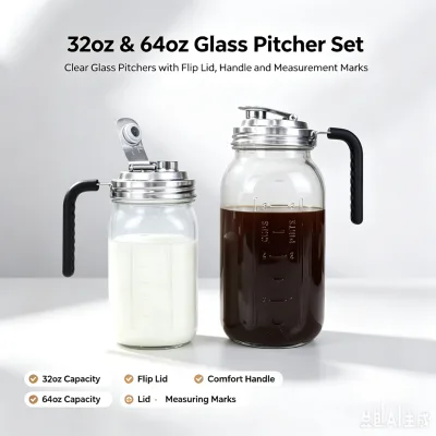 Leak-Proof 32oz 64oz Glass Mason Jar Pitcher with Stainless Steel Flip Top Lid for Milk Cold Brew Coffee Juice