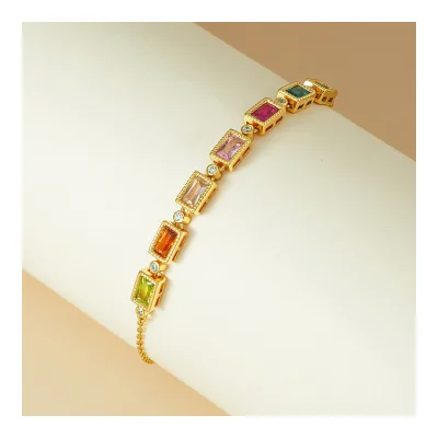 Wholesale Bulk 925 Sterling Silver Colorful Tennis Bracelet Baguette Rainbow Zircon Gold Plated Jewelry for Women