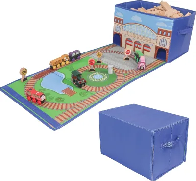 Classic Design Train Storage Box with Linen Fabric Foldable Portable Railway Track Storage 2-in-1 Toy & Car Garage Bin