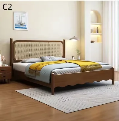 Nordic Style Extendable Double Bed Solid Wood Rattan Woven Bedroom Furniture for Home Hotel Apartment