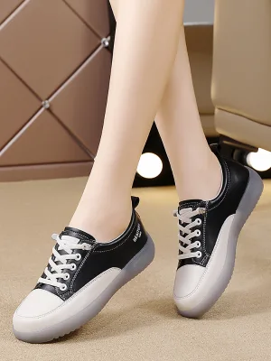 New Fashion Women Black White Lace up Sneakers Light Flat Anti Slip Soft Sole Casual Shoes for Daily Walking Spring Fall