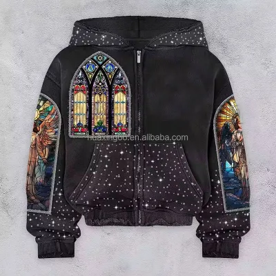 OEM Custom Zipper Cotton Hoodie Boxy Distressed Heavyweight Rhinestone Diamond Zip up Men's Hoodies Manufacturer