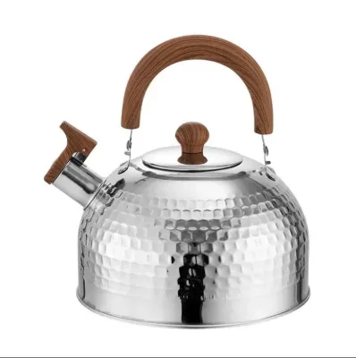 Hot Selling  Water Teapot Stainless Steel Whistling Kettle with Wooden Pattern Handle and Hammered Design Water Kettle