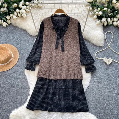 Women's Fall 2 Piece Outfit Set V-Neck Sweater Vest Tie Neck Long Sleeve Ruffle Cuff Tiered Plaid Dress