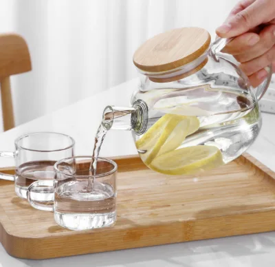 Glass Kettle Cooler Juice Flower Teapot with Wood Lid