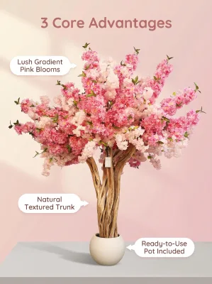 Custom Made Pink White Artificial Cherry Blossom Tree Eco-Friendly Plastic Plant for Indoor Outdoor Garden Landscape Decoration